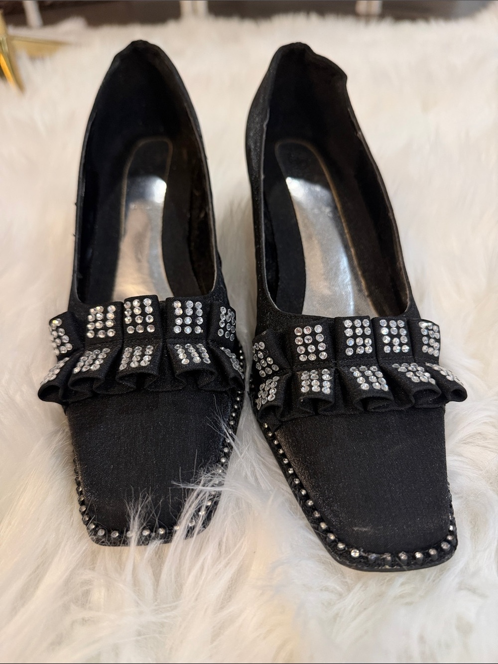 Valenti Franco Black Embellished Ruffle Square-Toe Heels